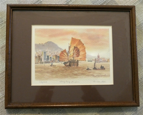 Hong Kong Harbor by Tam Sam Mok - Artist Signed and Numbered 131/1000 Print - Framed and Matted - Frame Measures 8 1/4 by 10 1/2