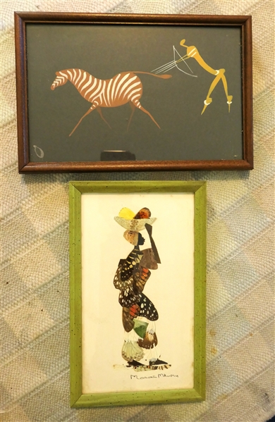 2 Pieces of African Art - Mosas Mkumu Butterfly Wing Collage and Tribal Art of Zebra Hunter - Butterfly Measures 9 3/4" by 6"