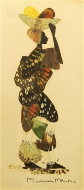 2 Pieces of African Art - Mosas Mkumu Butterfly Wing Collage and Tribal Art of Zebra Hunter - Butterfly Measures 9 3/4 by 6