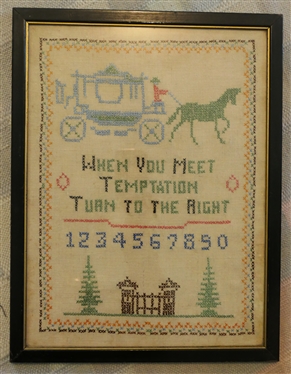 When You Meet Temptation Turn To The Right Framed Cross Stich - Hand Stitched - Frame Measures 17 1/4 By 13 1/4