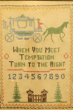 When You Meet Temptation Turn To The Right Framed Cross Stich - Hand Stitched - Frame Measures 17 1/4 By 13 1/4