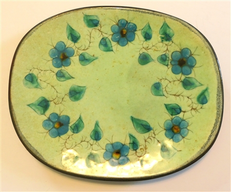 Audrey Durnan Mid Century Art Pottery Tray - Oval with Blue Flowers - Artist Signed A. Durnan on Back with Artist Stamp - Platter Measures 10 3/4 by 8 3/4