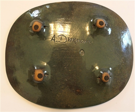 Audrey Durnan Mid Century Art Pottery Tray - Oval with Blue Flowers - Artist Signed A. Durnan on Back with Artist Stamp - Platter Measures 10 3/4 by 8 3/4