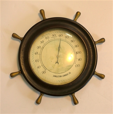 Singleton Lumber Co. Ship''s Wheel Thermometer - Made in USA - Image on Thermometer is Faded - See Photo - Wheel Frame Measures 8 Across Not Including Knobs