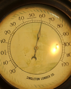 Singleton Lumber Co. Ship''s Wheel Thermometer - Made in USA - Image on Thermometer is Faded - See Photo - Wheel Frame Measures 8 Across Not Including Knobs