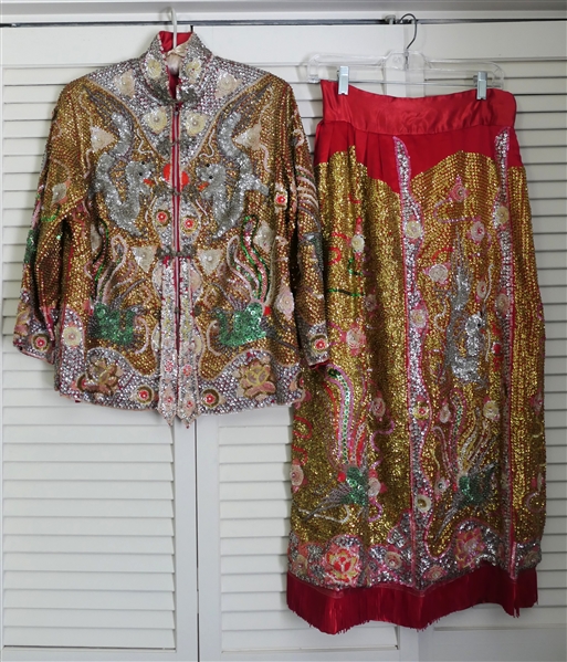 Incredible Vintage Hand Beaded Chinese Sequin Jacket / Tunic and Skirt Set - Incredible Workmanship - Jacket with Dragons and Flowers - Beaded Strip On each Side - Skirt with Matching Beading -...