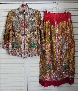 Incredible Vintage Hand Beaded Chinese Sequin Jacket / Tunic and Skirt Set - Incredible Workmanship - Jacket with Dragons and Flowers - Beaded Strip On each Side - Skirt with Matching Beading -...