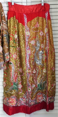 Incredible Vintage Hand Beaded Chinese Sequin Jacket / Tunic and Skirt Set - Incredible Workmanship - Jacket with Dragons and Flowers - Beaded Strip On each Side - Skirt with Matching Beading -...