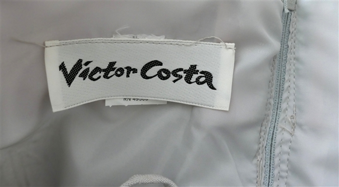 Victor Costa Vintage Strapless Dress - Light Gray with Pink Bow Across Chest - Vintage Size 4