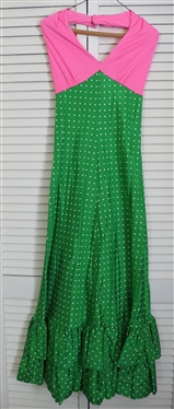 Great Vintage Kelly Green and Pink Maxi Halter Dress by Ronnie Livingston - Pink Bodice with Green and White Polka Dot Skirt - Ruffle Around Bottom - Measures 15 Across Chest