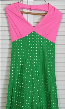 Great Vintage Kelly Green and Pink Maxi Halter Dress by Ronnie Livingston - Pink Bodice with Green and White Polka Dot Skirt - Ruffle Around Bottom - Measures 15 Across Chest