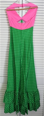 Great Vintage Kelly Green and Pink Maxi Halter Dress by Ronnie Livingston - Pink Bodice with Green and White Polka Dot Skirt - Ruffle Around Bottom - Measures 15 Across Chest