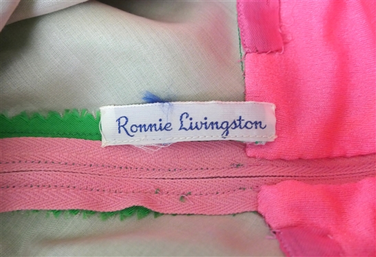 Great Vintage Kelly Green and Pink Maxi Halter Dress by Ronnie Livingston - Pink Bodice with Green and White Polka Dot Skirt - Ruffle Around Bottom - Measures 15 Across Chest