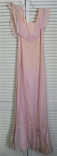 Pretty Vintage Pale Dress - Flounce Sleeves - Long Skirt with Ruffled Bottom - Style No. 110110 - Union Made in USA - Some Small Holes and Staining From Age - Measures 15" Across Chest 