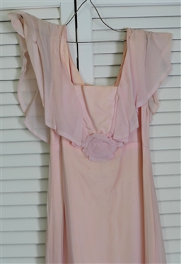 Pretty Vintage Pale Dress - Flounce Sleeves - Long Skirt with Ruffled Bottom - Style No. 110110 - Union Made in USA - Some Small Holes and Staining From Age - Measures 15 Across Chest 