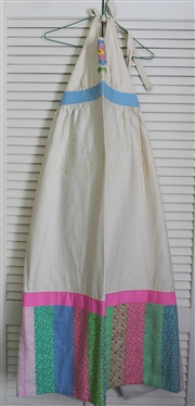 Vintage Wrap Halter Dress -  Fun Colorful Pattern Around Bottom - Applique Flower on Front - Size Small 