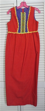 "Nancy B" of California Vintage Red Maxi Shift Dress - Yellow Rick Rack Trim - Small Hole in Front Center - Original Tags - Size 9 