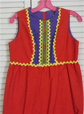 Nancy B of California Vintage Red Maxi Shift Dress - Yellow Rick Rack Trim - Small Hole in Front Center - Original Tags - Size 9 