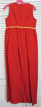 Nancy B of California Vintage Red Maxi Shift Dress - Yellow Rick Rack Trim - Small Hole in Front Center - Original Tags - Size 9 
