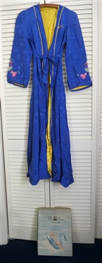 " Blue Swan" Lovely Lingerie - Blue Nylon Gown / Robe with Embroidered Dragon on Back - In Original Cardboard Box with Great Graphics - Robe Size 32 - Some Very Tiny Holes 