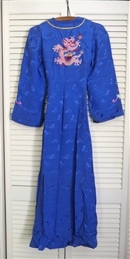  Blue Swan Lovely Lingerie - Blue Nylon Gown / Robe with Embroidered Dragon on Back - In Original Cardboard Box with Great Graphics - Robe Size 32 - Some Very Tiny Holes 