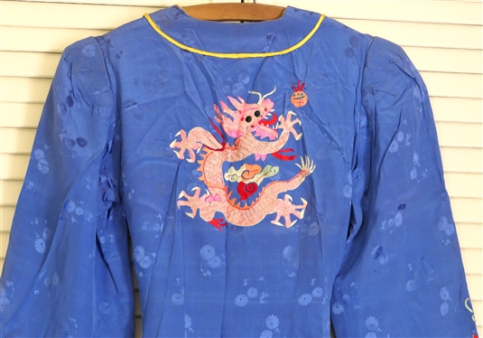  Blue Swan Lovely Lingerie - Blue Nylon Gown / Robe with Embroidered Dragon on Back - In Original Cardboard Box with Great Graphics - Robe Size 32 - Some Very Tiny Holes 