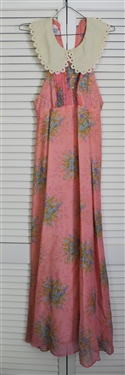 Vintage (1950s/60s) "California Charmer" Halter Dress with Wide White Lace Trimmed Collar - By Charm of Hollywood - Pink with Light Blue Flowers - Measures 14" Across Chest