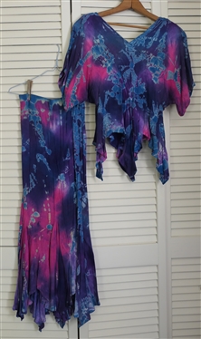 Vintage Bila Made in Pakistan 2 Piece Skirt and Shirt Set - Pink, Purple, and Blue Tie Dye - Size Small 100% Rayon - With Original Shoulder Pads
