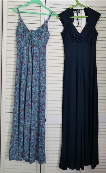 2 Vintage Blue Dresses "Jody of California" Navy Blue Rayon - Size 7 Style 251 and Light Blue with Vining Leaves - Spaghetti Straps - No Tag