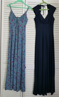 2 Vintage Blue Dresses "Jody of California" Navy Blue Rayon - Size 7 Style 251 and Light Blue with Vining Leaves - Spaghetti Straps - No Tag
