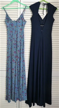 2 Vintage Blue Dresses Jody of California Navy Blue Rayon - Size 7 Style 251 and Light Blue with Vining Leaves - Spaghetti Straps - No Tag