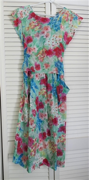 Vintage St. Simon Watercolor Floral Dress - With Pockets - Button Back - Ties At Waist - Measures 17" Across Chest