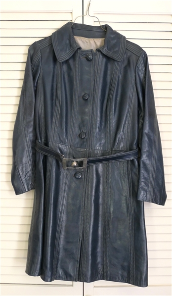 Leda Spain - Navy Blue Leather Coat - Made in Spain - Vintage Belted Trench Coat - Size 8
