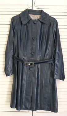Leda Spain - Navy Blue Leather Coat - Made in Spain - Vintage Belted Trench Coat - Size 8
