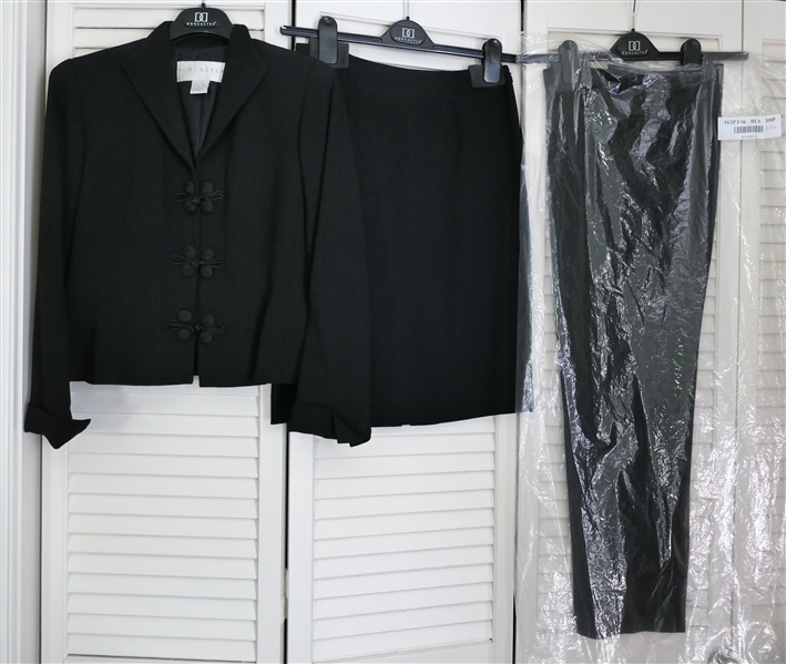 Doncaster Black Wool Suit - Jacket Size 2, Skirt Size 4, Trousers Size 2  - Jacket with  Elevated Buttons / Knot Closures - All in Original Plastic Garment Bags