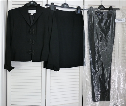 Doncaster Black Wool Suit - Jacket Size 2, Skirt Size 4, Trousers Size 2  - Jacket with  Elevated Buttons / Knot Closures - All in Original Plastic Garment Bags