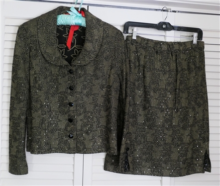Beautiful St. John Couture by Marie Gray Skirt Suit - Size 6 - Antique Gold and Black with Floral Pattern - Applies Sequins Overall - Black Faceted Buttons on Front and Cuffs - Buttons At Cuffs...