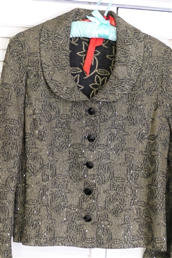 Beautiful St. John Couture by Marie Gray Skirt Suit - Size 6 - Antique Gold and Black with Floral Pattern - Applies Sequins Overall - Black Faceted Buttons on Front and Cuffs - Buttons At Cuffs...