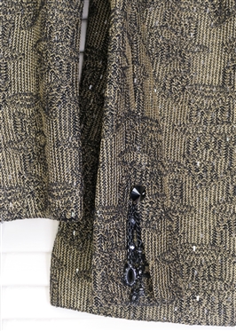 Beautiful St. John Couture by Marie Gray Skirt Suit - Size 6 - Antique Gold and Black with Floral Pattern - Applies Sequins Overall - Black Faceted Buttons on Front and Cuffs - Buttons At Cuffs...