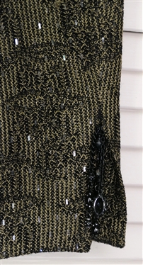 Beautiful St. John Couture by Marie Gray Skirt Suit - Size 6 - Antique Gold and Black with Floral Pattern - Applies Sequins Overall - Black Faceted Buttons on Front and Cuffs - Buttons At Cuffs...