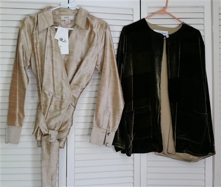 Galinda Wang Rayon and Silk Reversible Jacket Size 4  - Some Staining on Gold Pocket and Anu by Natural Gold Raw Silk Wrap Blouse - Size Small - New with Original Tags