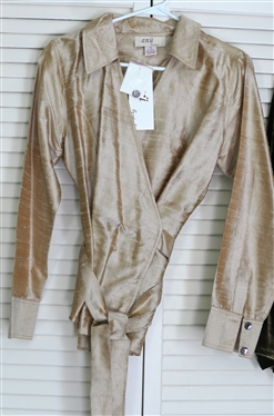 Galinda Wang Rayon and Silk Reversible Jacket Size 4  - Some Staining on Gold Pocket and Anu by Natural Gold Raw Silk Wrap Blouse - Size Small - New with Original Tags