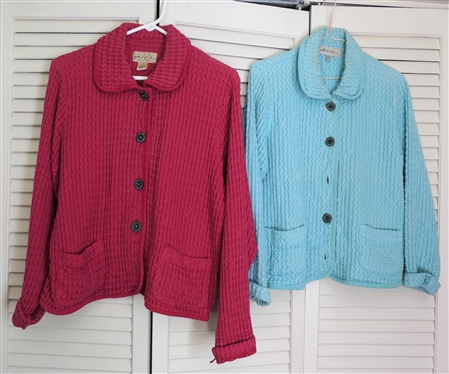 2 - Mod-O-Doc Waffle Weave Cotton Button Down Jackets with Pockets - Light Blue Size Medium - Some Makeup Around Collar and Burnt Red Size 2 