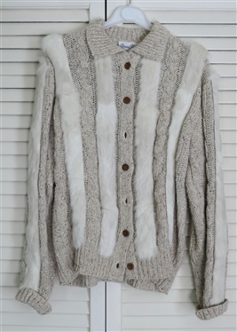 Great Vintage Marisa Christian Knit Sweater Jacket with Rabbit Fur Bands - Sweater 42% Silk, 32% Acrylic, 14% Nylon and 12% Mohair Wool - Bands Angora Rabbit Fur