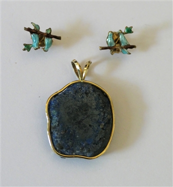 14kt Yellow Gold Enamel Blue Bird Stud Earrings and Gold Wire Wrapped Blue Quartz Stone Pendant - Stone Measures 1" by 3/4" 
