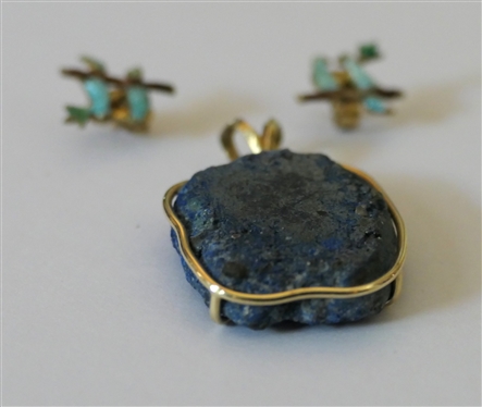 14kt Yellow Gold Enamel Blue Bird Stud Earrings and Gold Wire Wrapped Blue Quartz Stone Pendant - Stone Measures 1 by 3/4 