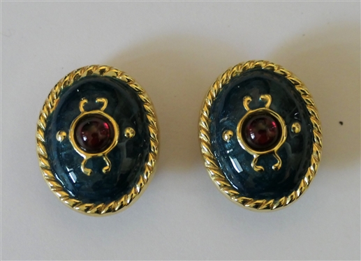 14kt Yellow Gold Enamel Lever Back Earrings with Red Cabochon Center Stone - Earrings Measure 1" by 3/4"