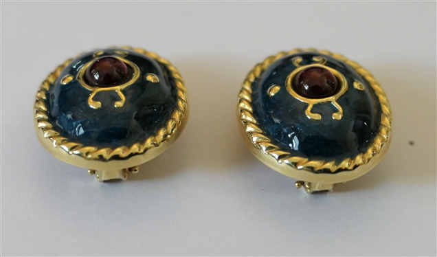 14kt Yellow Gold Enamel Lever Back Earrings with Red Cabochon Center Stone - Earrings Measure 1 by 3/4
