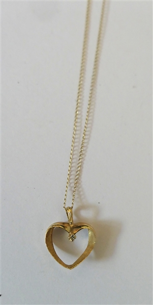 14kt Yellow Gold Necklace with 14kt Heart Pendant - Diamond Accent in Center - Necklace Measures 15" Long 