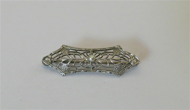 14kt White Gold Filigree Bar Pin with Seed Pearl in Center - Measures 1 Across